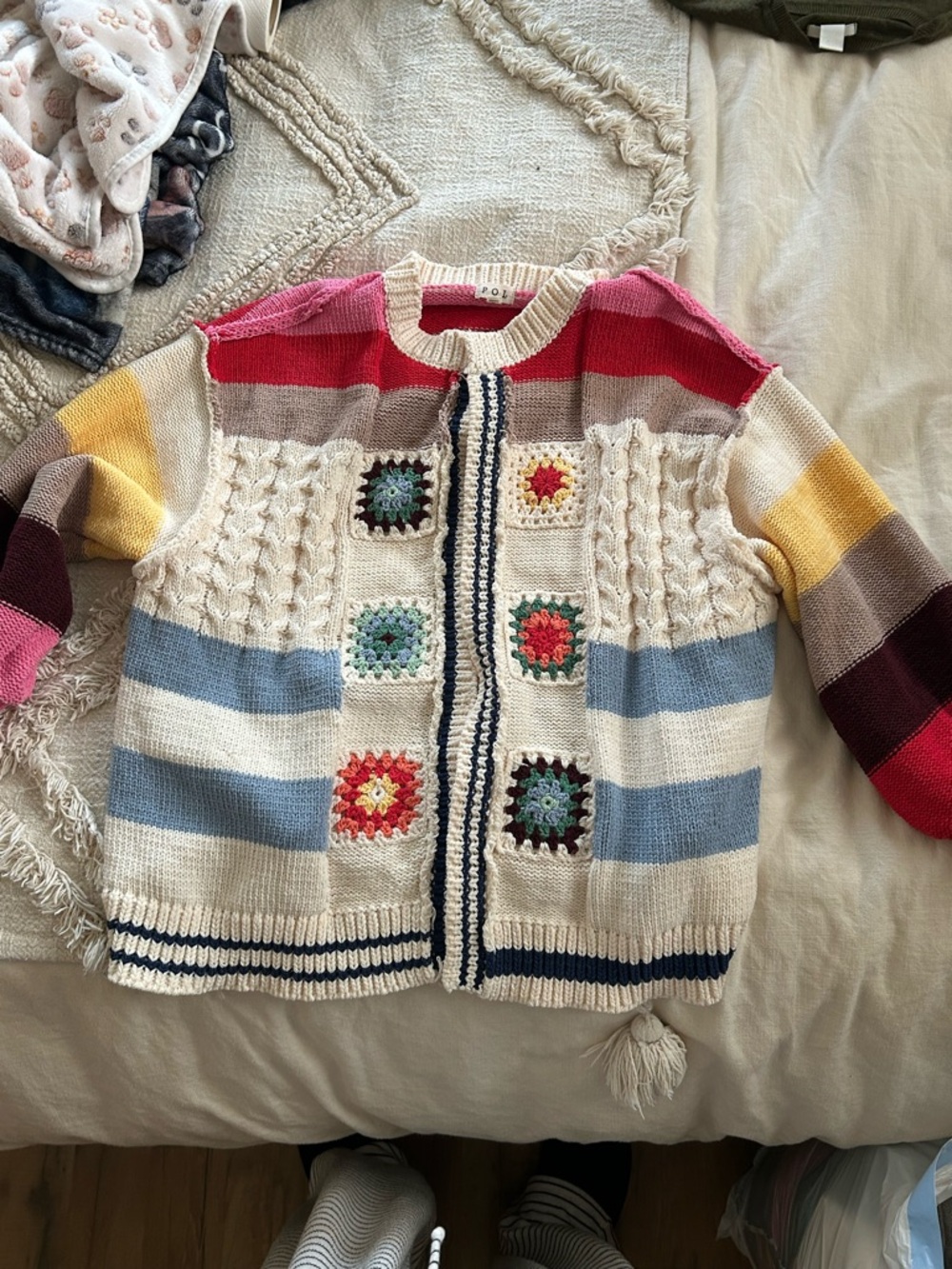 POL Cream and Pink Knit Sweater with Red Accent